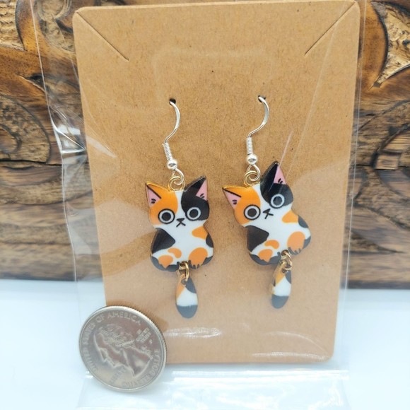 Cute Calico Cat Earrings Anime Kitty - Picture 2 of 2